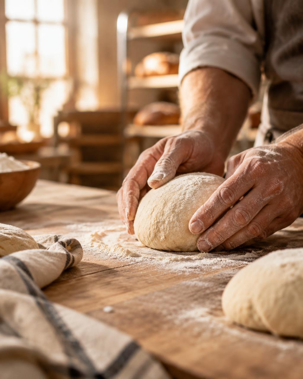 Baker's hands shaping dough on a flour-dusted wooden counter