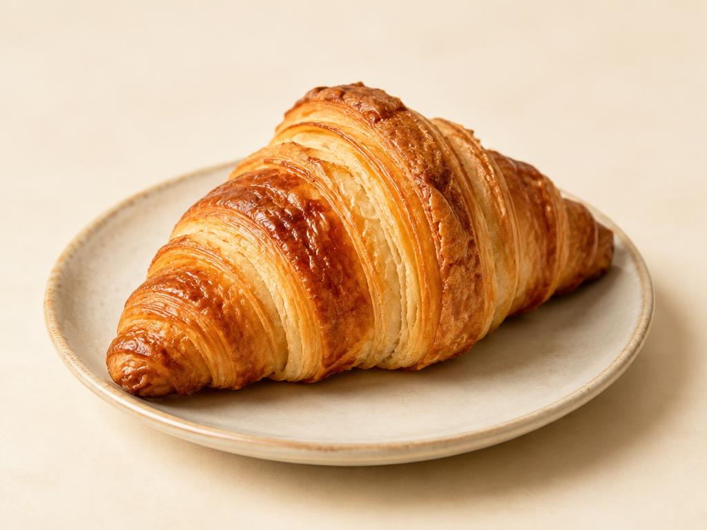 Golden butter croissants stacked on a bakery tray